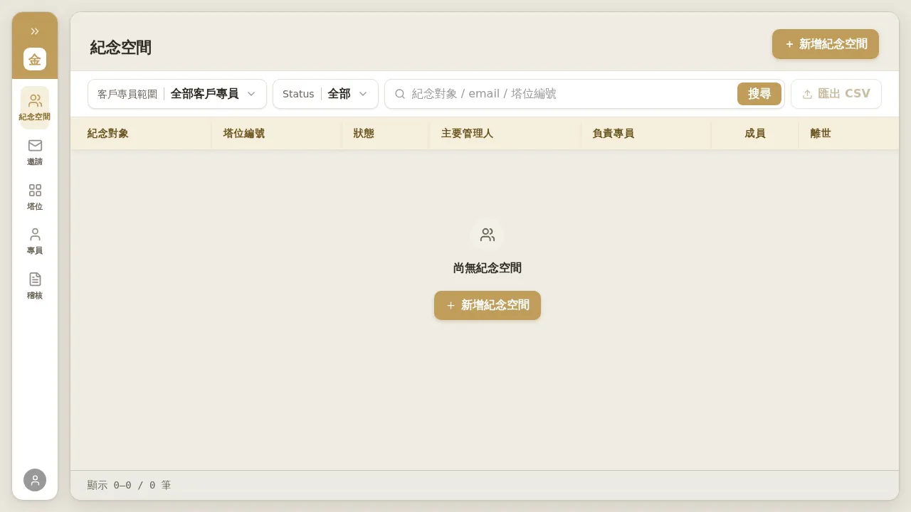 業務主管開通並登入後的紀念空間列表（空狀態）